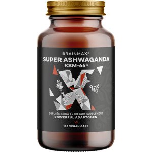 BrainMax Super Ashwagandha extrakt KSM-66®, Ašvaganda extrakt, 100 rostlinných kapslí Patentovaný extrakt ashwagandhy KSM-66® jako podpora duševního zdraví, relaxace a odolnosti organismu vůči stresu, doplněk stravy