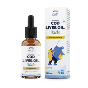 Osavi Norwegian Cod Liver Oil Kids, Norský olej z tresčích jater, pro děti, Omega 3, citrón, 1000 mg, 50 ml Doplněk stravy