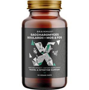 BrainMax Saccharomyces boulardii, Cestovní probiotika s MOS & FOS, 90 rostlinných kapslí Probiotika na cesty, průjem a střevní potíže, 5 mld kultur, doplněk stravy