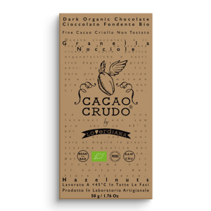 Cacao Crudo Raw Hořká čokoláda s nasekanými lískovými oříšky, BIO, 50 g *IT-BIO-006 certifikát