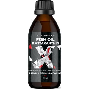 BrainMax Fish Oil & Astaxanthin, Super Omega 3, 3000 mg DHA a EPA, 275 ml Prémiový rybí olej, omega 3, BIO olivový olej, polyfenoly, BIO astaxanthin, patentovaný vitamín K2, doplněk stravy