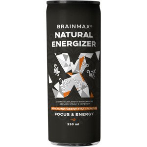 BrainMax Natural Energizer, energetický drink, různé druhy, 250 ml Příchuť: Broskev, marakuja Perlivý energetický nápoj, podpora mentálního i fyzického výkonu, doplněk stravy, 250 ml