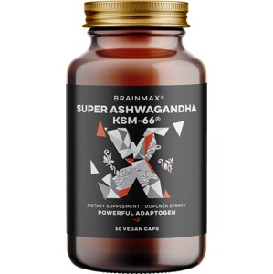 BrainMax Super Ashwagandha extrakt KSM-66®, 50 rostlinných kapslí Patentovaný extrakt ashwagandhy KSM-66® jako podpora duševního zdraví, relaxace a odolnosti organismu vůči stresu, doplněk stravy