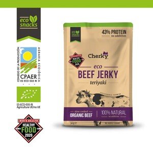 Cherky Beef Jerky Teriyaki, 30 g BIO Beef Jerky z hovězího masa krmeného trávou, *ES-ECO-035-RI certifikát