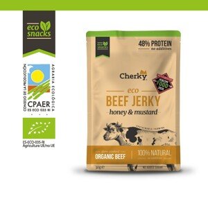 Cherky Beef Jerky Honey & Mustard, 30 g BIO Beef Jerky z hovězího masa krmeného trávou, *ES-ECO-035-RI certifikát