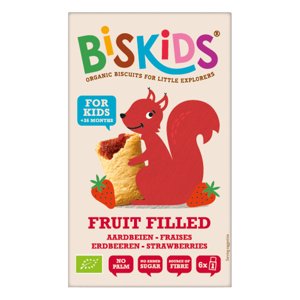 BISkids měkké dětské sušenky s jahodovým pyré, 120 g BIO sušenky bez přidaného cukru, 33 % ovoce, 36M+, *CZ-BIO-001 certifikát