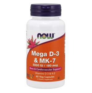 Now® Foods NOW Mega D3 & MK-7, Vitamín D3 5000 IU & Vitamín K2 180 ug, 60 rostlinných kapslí Doplněk stravy