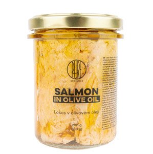 BrainMax Pure Salmon In Olive Oil, Losos v olivovém oleji, 130 g Kousky lososa naloženy v extra panenském olivovém oleji Arbequina